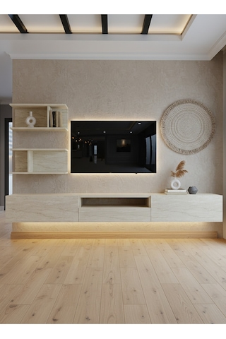 Resital Ledli Duvara Monte Tv Sehpası - Traverten - W6015-8 Traverten