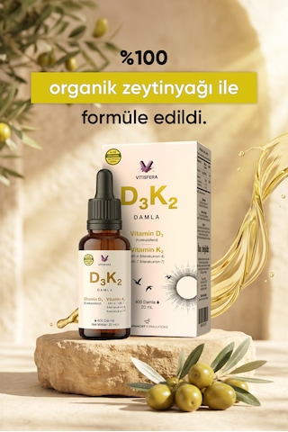 D3k2 Damla - 20 Ml - 400 Damla - 1000 Iu D3 & 20 Mcg K2 - %100 Organik Zeytinyağı Bazlı
