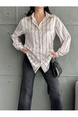 Kadın Oversize Ekru Renk Siyah İnce Çizgili Detaylı Saten Gömlek-siyah Siyah