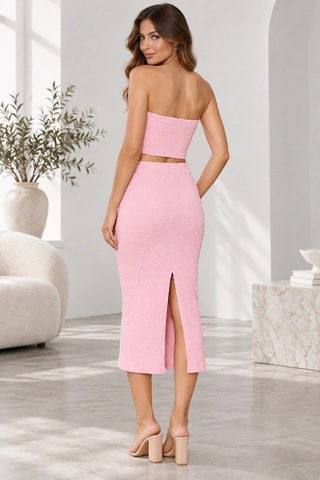 Mevese Kadın Bürümcük Kumaş Straplez Crop Ve Midi Kalem Etek İkili Set - Pembe