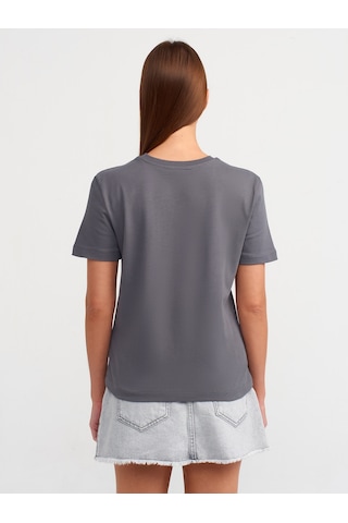 Dilvin Pamuklu Bisiklet Yaka T-shirt Füme