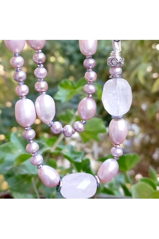2865 Doğal Pembe İnci Kuvars Zirkon Hematit El Yapımı Uzun Kolye 046 - Pembe