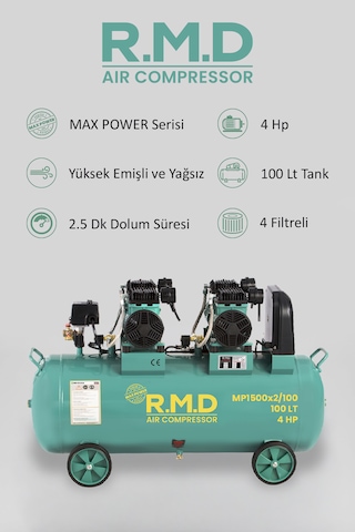 R.m.d Kompresör 100 Lt Yüksek Emişli Yağsız Teknoloji Hava Kompresörü -mp1500x2ı100