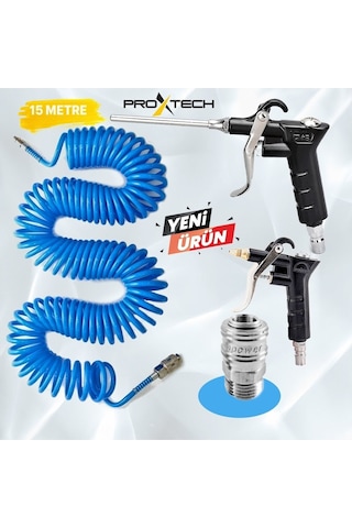 Kompresör Spiral Hava Hortumu 8 Mm 15 M Hava Jakı Hava Tabancası Recor 3 Pcs Seti