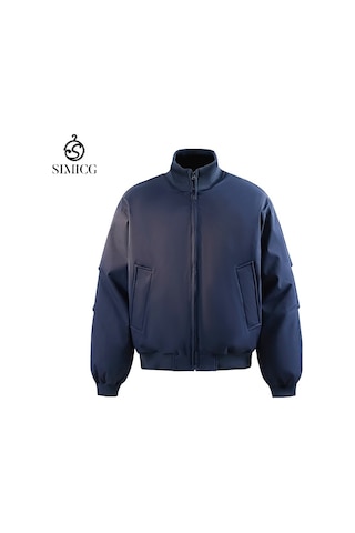 Üçlü Dayanıklı Dik Yaka Bol Retro Erkek Pamuklu Dolgulu Ceket Lacivert