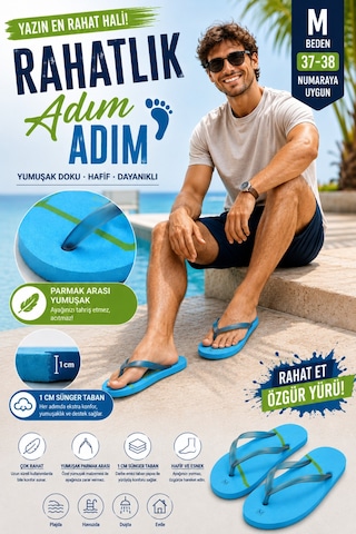 Pazarız Basic Parmak Arası Terlik Unisex Kadın Erkek Çocuk Eva Plaj Terliği Flip Flop Yazlık Deniz Havuz Günlük Kullanım Rahat Yumuşak Taban Acıtmaz Hafif Kaymaz Terlik Mavi