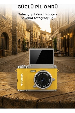 Mini Dijital Retro Kamera 48mp 8x Zoom Flip Ekranlı Selfie Video Vlog Kamerası Cmr51 Sarı