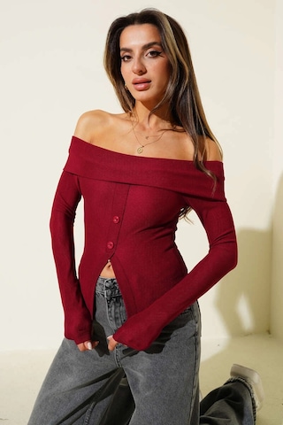 Madonna Yaka Düğmeli Bluz Bordo T4329 Bordo