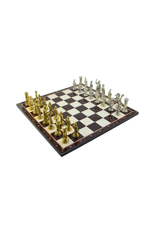 Gifthome Battal Boy Metal Roma Satranç Takımı Parlak Ve Katlanır Ceviz Desenli Mdf Satranç Tahtası 43x43 Cm.