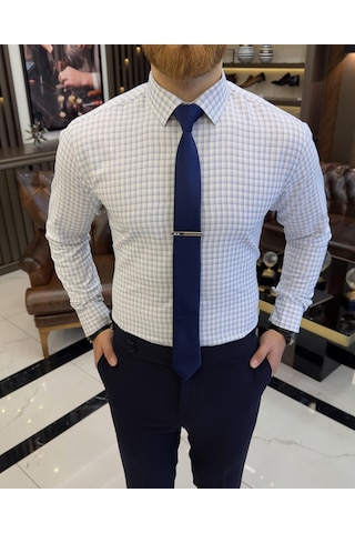 İtalyan Stil Ekose Kravat Yaka Pamuk Erkek Gömlek Mavi T11182-mavi Mavi