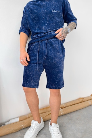 İndigo İnce Fitilli Batik Desen Relaxed Şort İndigo