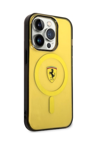 İphone Uyumlu 14 Pro Max Kılıf Ferrari Magsafe Şarj Özellikli Yarı Transparan Dizayn Kapak Sarı
