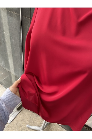 Pera Moda Yanları Boncuklu Zarif Kollu Uzun Oversize Büyük Beden Kadın Gömlek Kırmızı