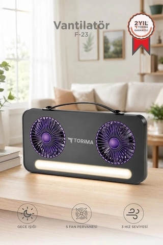 Premium Torima Vantilatör Led Işıklı Şarjlı Çift Fanlı F23 Cihaz Çalışma Seyahat