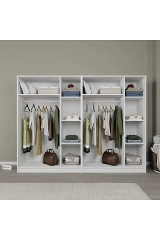Kardelen Serisi Mat Beyaz 6 Kapaklı 10 Raflı 240 Cm Elbise Dolabı - Gardırop Seti Beyaz