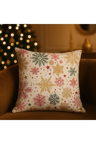 Krem Zeminli Yılbaşı Kırlent Kılıfı Çok Renkli Kar Tanesi Desenli 40 * 40