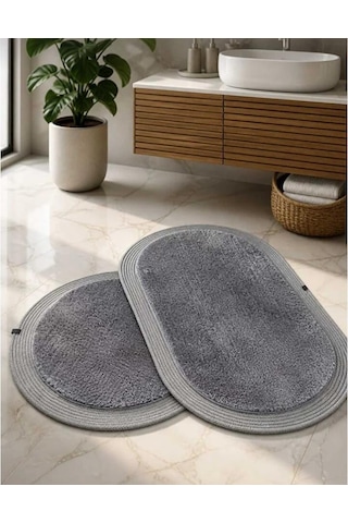Kaymaz Taban Peluş Banyo Paspası Seti Siyah Rengi Jüt Kenar Detaylı 2'li Oval Yuvarlak 100x60 60x60