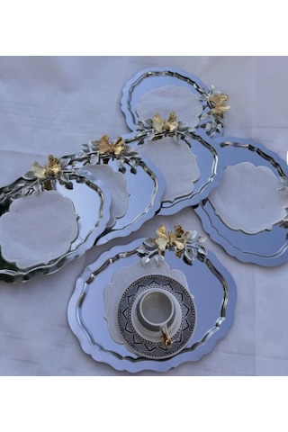 Denizhomecollection 6 Lı Oval Sunum Ve Kahve Tepsisi Yaprak Ve Kelebek Gri - Gümüş