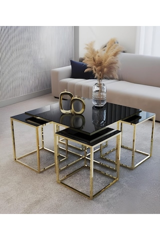 4+1 Kare Orta Zigon Sehpa Gold Kaplama Siyah Temperli Cam