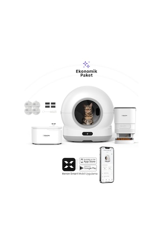 Xenon Smart Akıllı Otomatik Kedi Tuvaleti Paslanmaz Çelik Kaseli Mama Kabı Led Işıklı Su Pınarı Ve Filtre 4'lü Pet Seti