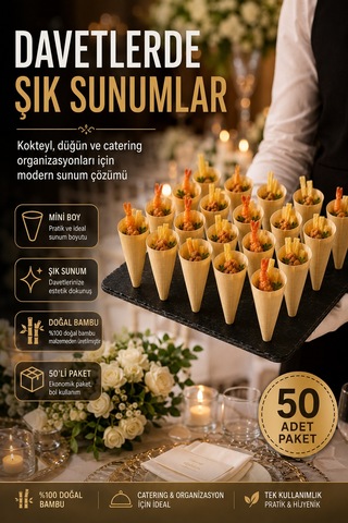 50'li Pkt Mini Bambu Sunum Korneti 6x3,5 Cm Doğal Sunum Külahı Kokteyl Catering Finger Food Sunumluk