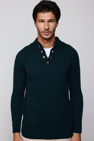 Tudors Erkek Slim Fit Dar Kesim Dik Yaka Düğmeli Triko Yeşil Triko Kazak-29591-yeşil Yeşil