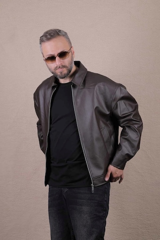 Ohepmoda Oversize Rahat Kalıp Düz Erkek Deri Ceket Kahverengi