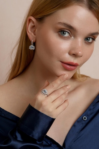 Madam Matmazel Kirpikli Göz Nazar Model Gümüş Takı Set, Tamamı 925 Ayar, Kadın, Kübik Zirkon Taşlı Gümüş