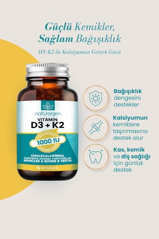 Naturagen Vitamin D3 + K2 1000 Iu 2x60 Kapsül