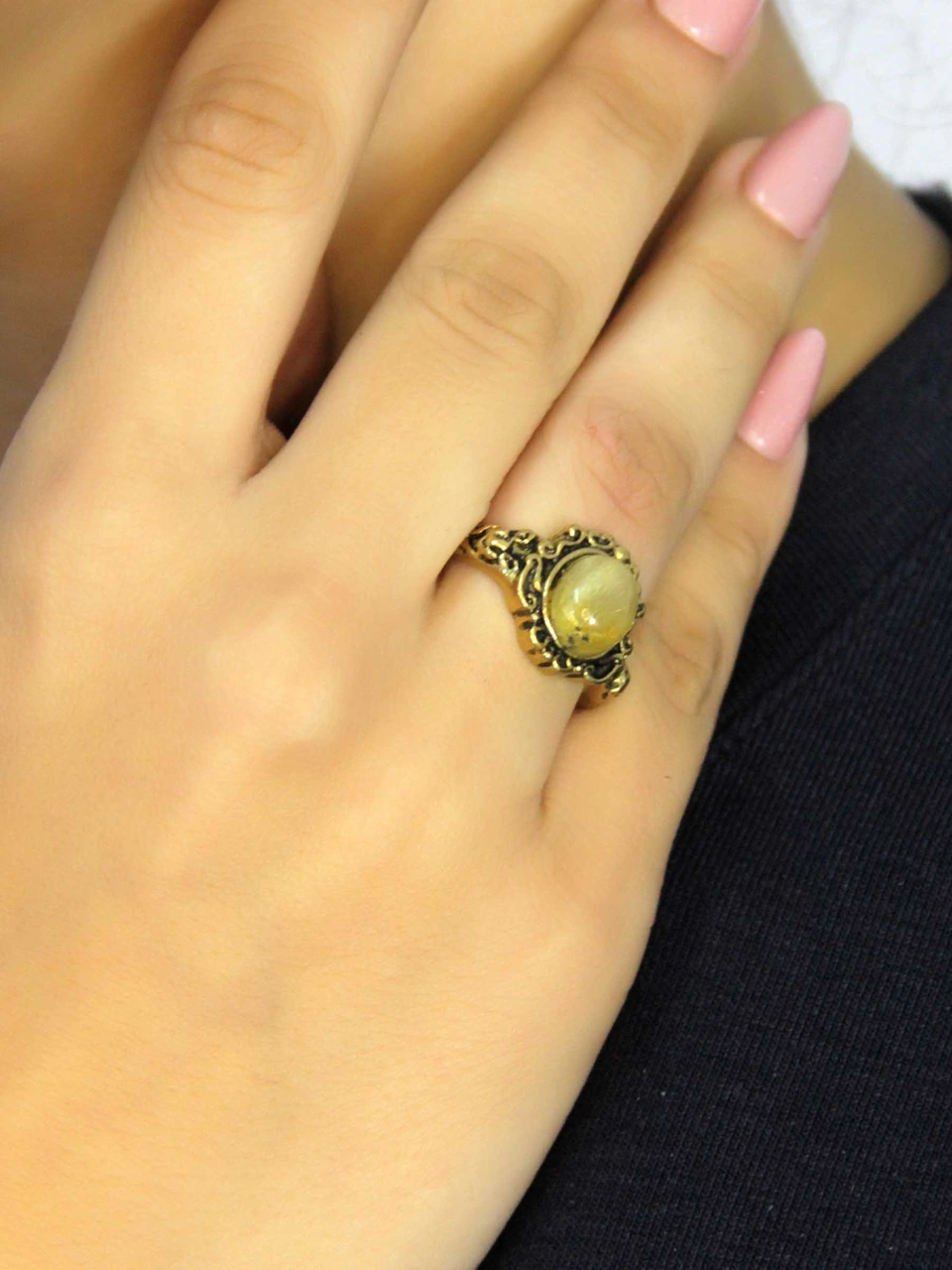 Doğal Taş Sitrin Doğal Taşlı Antik Model Kadın Ayarlanabillir Yüzük Euy80s Sarı