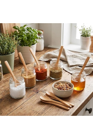 12'li Bambu Mini Kaşık Seti 13 Cm, Baharat, Bal, Reçel, Kahve Ve Servis Kaşığı, Küçük Kavanozlar İçin Doğal Bambu Kaşık Çok Renkli