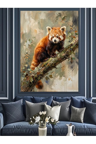 Ağaç Dalında Küçük Kızıl Panda Dekoratif Kanvas - Mdf Ahşap Tablo