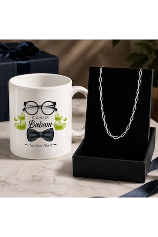 Bk Gift Kişiye Özel Babalar Günü Tasarımlı Beyaz Kupa & Ataç Zincir Kolye -2, Babalar Günü Hediyesi Gümüş