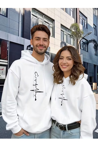 Nevermind Sevgili Çift Kombini 2 Li Kalp Atışı Desenli Unisex Sweatshirt Beyaz