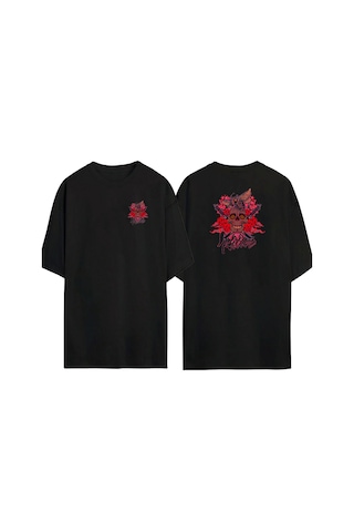 Thewert Unisex Kafatası Ve Güveler Samuray Kılıcı Ön Arka Baskılı Sıyah Oversize T-shirt Siyah