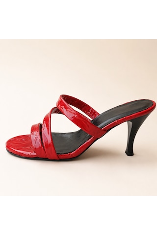 Yeo Leather Kırmızı Kırışık Rugan 3 Bantlı Kadın Sandalet 8cm İnce Topuk - Zamansız Tasarım