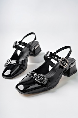 Muggo Yuqi Arkası Açık Küt Burun Çift Kemerli Kadın Günlük Klasik Kısa Topuklu Ayakkabı Sıyahrugan