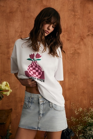 Grimelange Sprıne Kadın Yumuşak Kumaşlı %100 Pamuklu Baskılı Regular Beyaz T-shirt