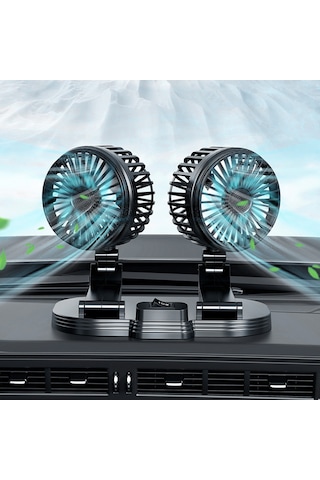 Reedark 12v/24v Arabalı Çift Başlı Usb Katlanabilir Fan - 2 Seviye Hız, 360 Döner, Sessiz Soğutma, Ön/arka Koltuk İçin Siyah Fl-111-usb