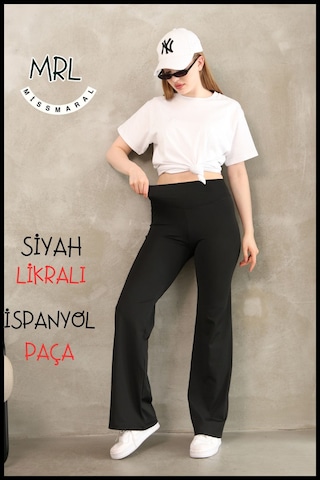 Kadın Siyah Yüksek Bel Toparlayıcı Tayt Pantolon Ispanyol Paça Likralı Esnek Dalgıç Kumaş 1040 SiYAH