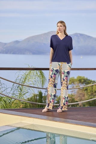 Monamise Kadın Çiçek Ve Yaprak Desenli Kısa Kollu V Yaka Büyük Beden Pijama Takımı 25087bat. Lacivert