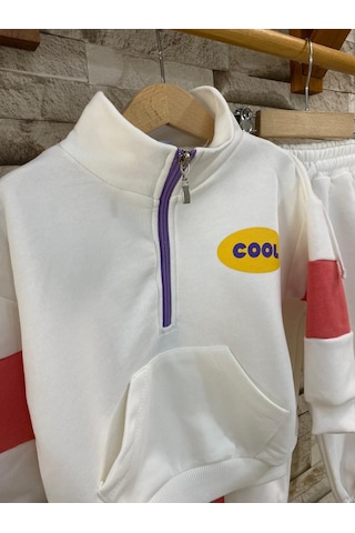Lacıel Parıs Cool Sloganlı Yakalı Fermuarlı Kız Çocuk Eşofman Takım Beyaz