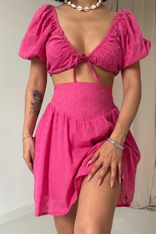 Butik İstanbul Fuşya Brode Crop Ve Mini Etek Takım