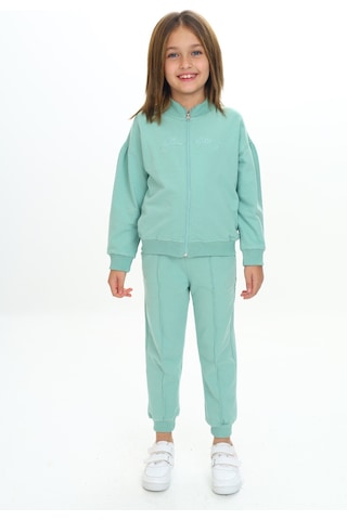 Toontoy Kids Toontoy Kız Çocuk 2'li Takım Nakış Baskılı Dik Yaka Fermuarlı Sweatshirt & Beli Paçası Ribanalı Cepli Jogger Eşofman Altı - Nervürlü & 2 İplik Yeşil