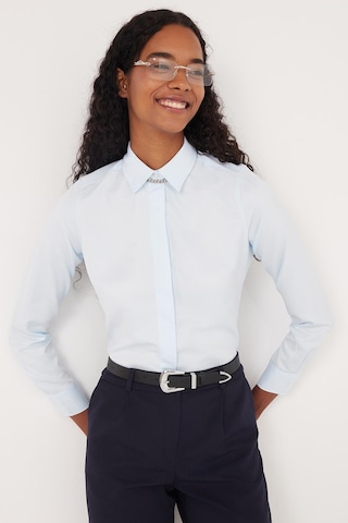 Tudors Kadın Slim Fit Dar Kesim Vucüda Oturan Uzun Kollu Gizli Düğme Detaylı Mavi Basic Gömlek-35557 Mavi