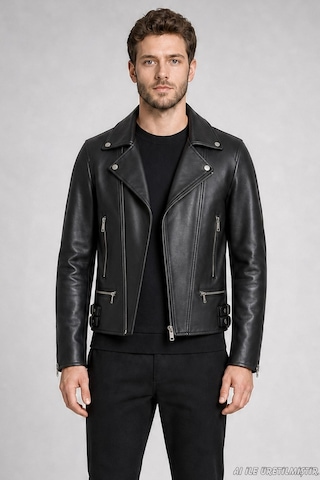 Freemen Erkek Slim Fit Çapraz Fermuarlı İçi Kürklü Suni Deri Ceket-421 Siyah