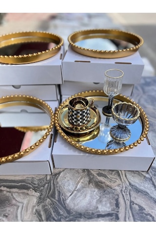 1 Adet Yuvarlak Cam Aynalı Plastik Gold Tepsi Sunum Tepsisi 24cm