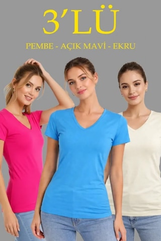 Efnaz Style 3lü V Yaka Tişört Kısa Kollu Yazlık Slim Fit Body - Pembe, Açık Mavi, Ekru Çok Renkli