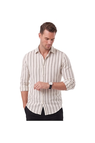 Deepsea Erkek %100 Pamuk Slim Fit Dar Kesim Keten Dokulu Çizgili Uzun Kollu Beyaz Gömlek 2600034