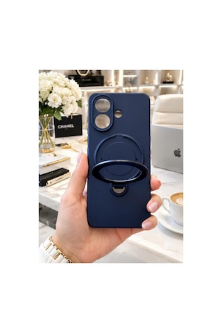 Poco X8 Pro İle Uyumlu 360 Derece Dönebilen Kalın Metal Magsafe Halka Stantlı İçi Kadife Korumalı Ultra Lüx Premium Silikon Kılıf Koyu Lacivert